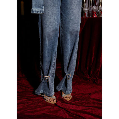 Lea Clothing Indigo Wide-Leg Embellished Jeans