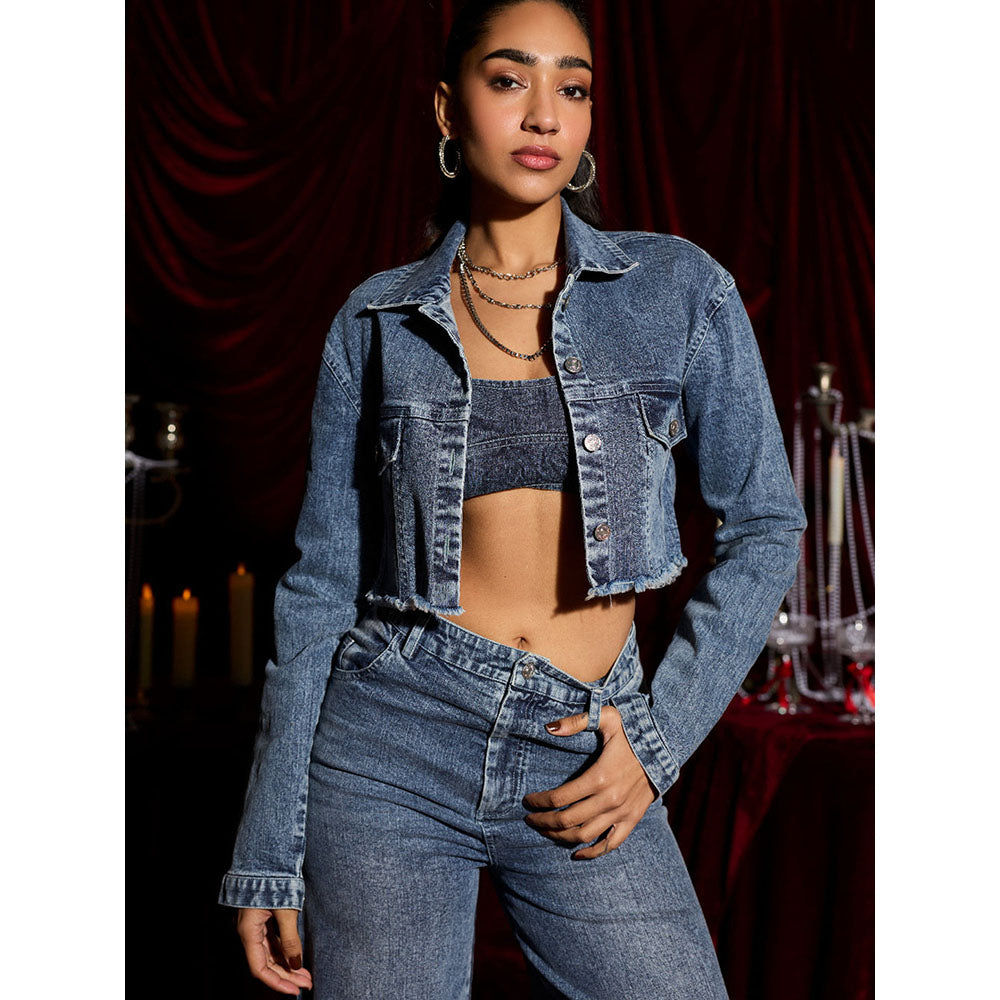 Lea Clothing Indigo Wide-Leg Embellished Jeans
