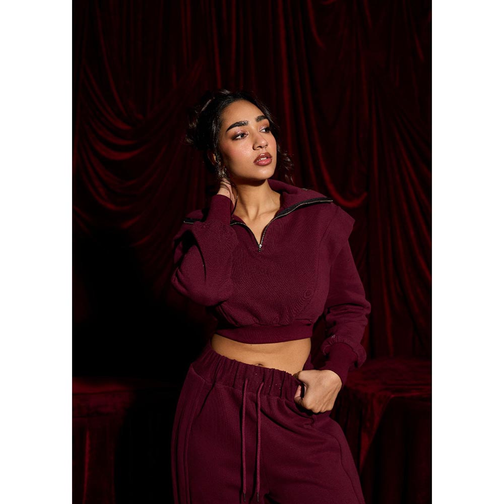 Lea Clothing Berrywood Burgundy Cropped Quarter-Zip Sweatshirt