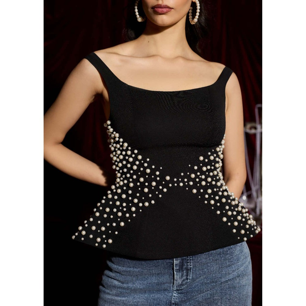 Lea Clothing Starlit Black Pearl Embroidered Peplum Top