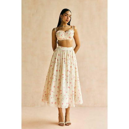 Lea Clothing Elara Floral Butter Cream Midi Skirt