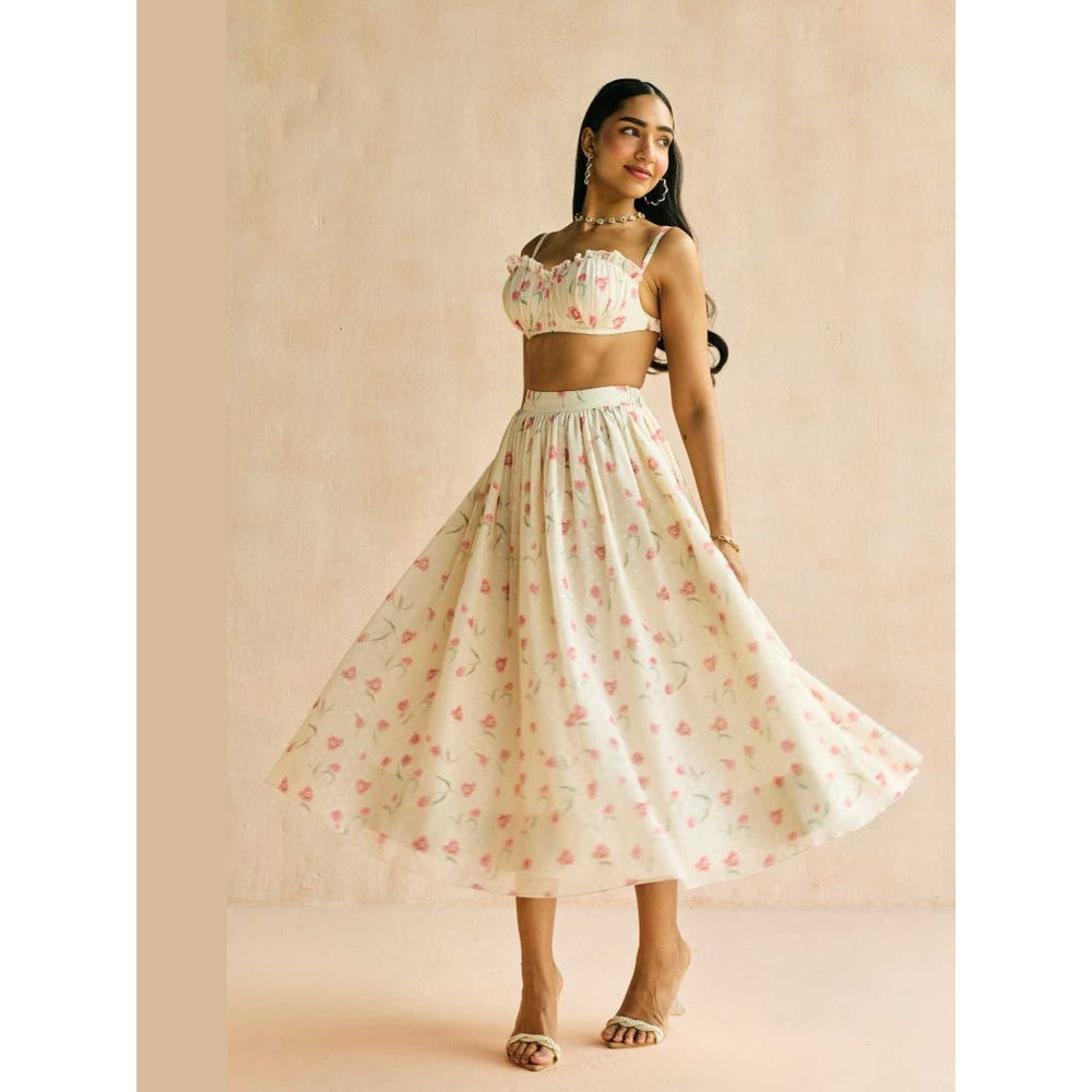 Lea Clothing Elara Floral Butter Cream Midi Skirt