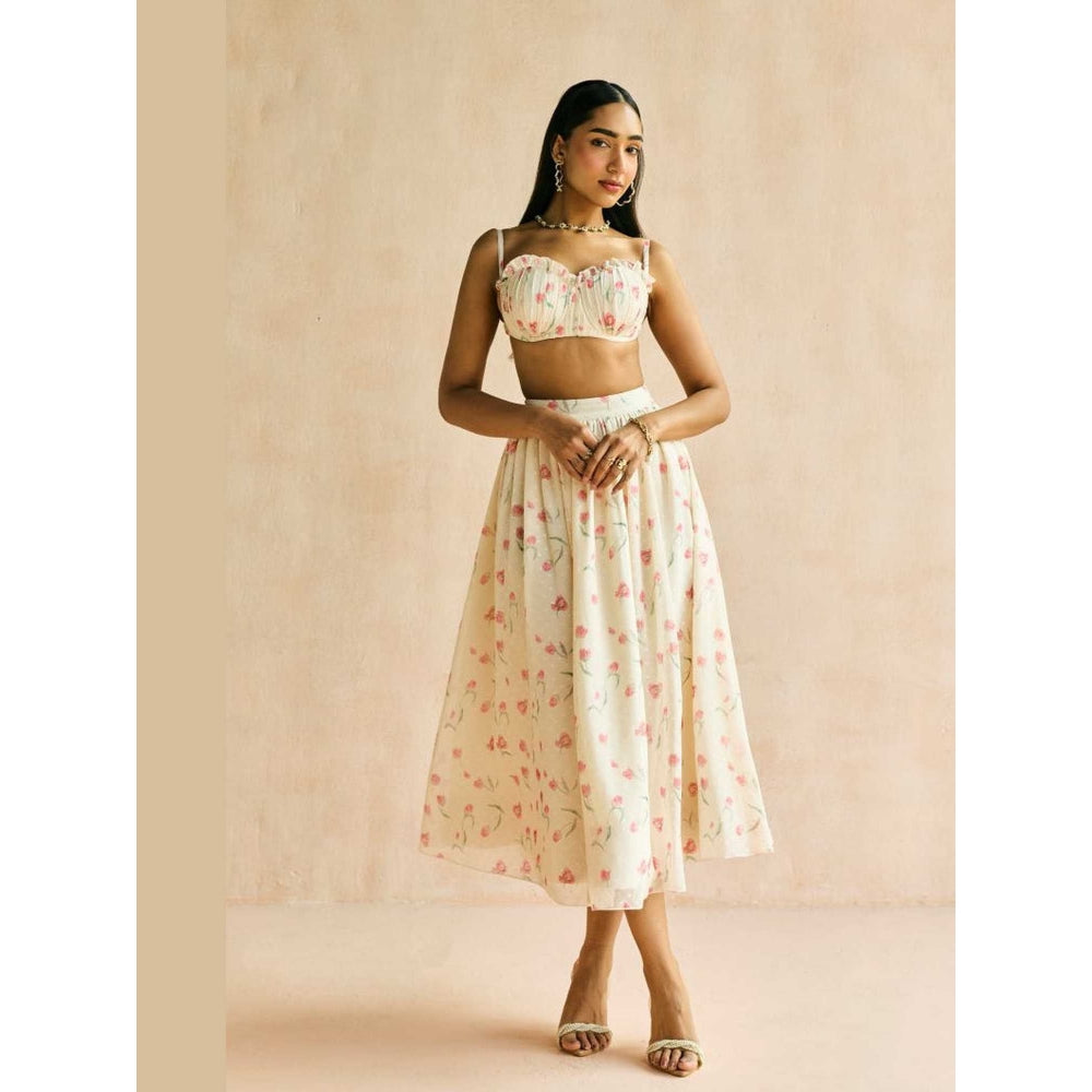 Lea Clothing Elara Floral Butter Cream Midi Skirt
