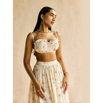 Lea Clothing Elara Floral Butter Cream Midi Skirt
