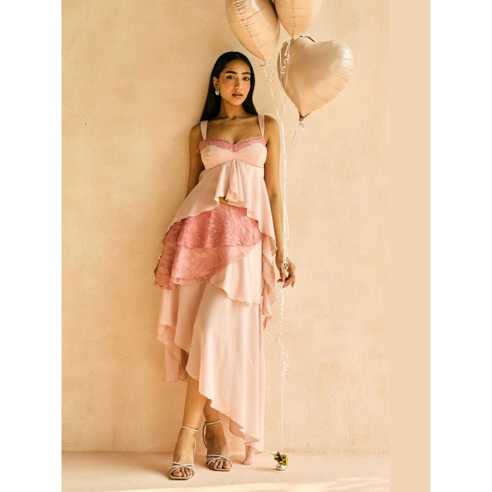 Lea Clothing Blush Lace-Trim Asymmetric Hem Top