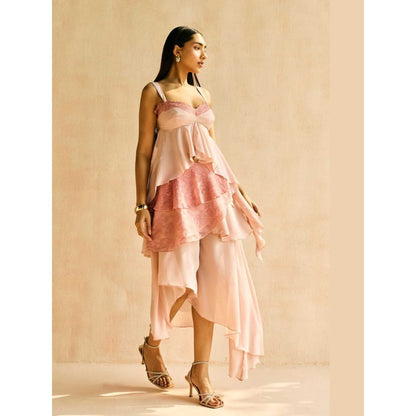 Lea Clothing Blush Lace-Trim Asymmetric Hem Top
