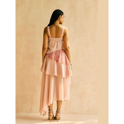 Lea Clothing Blush Lace-Trim Asymmetric Hem Top