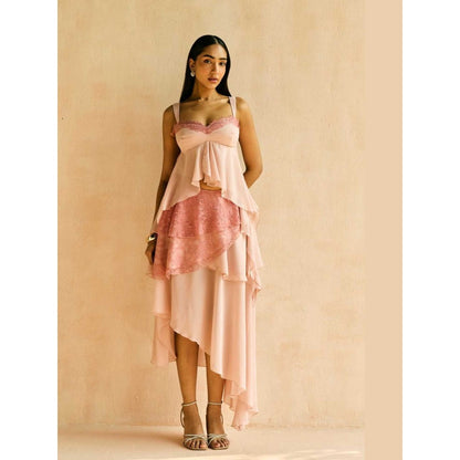 Lea Clothing Blush Lace-Trim Asymmetric Hem Top