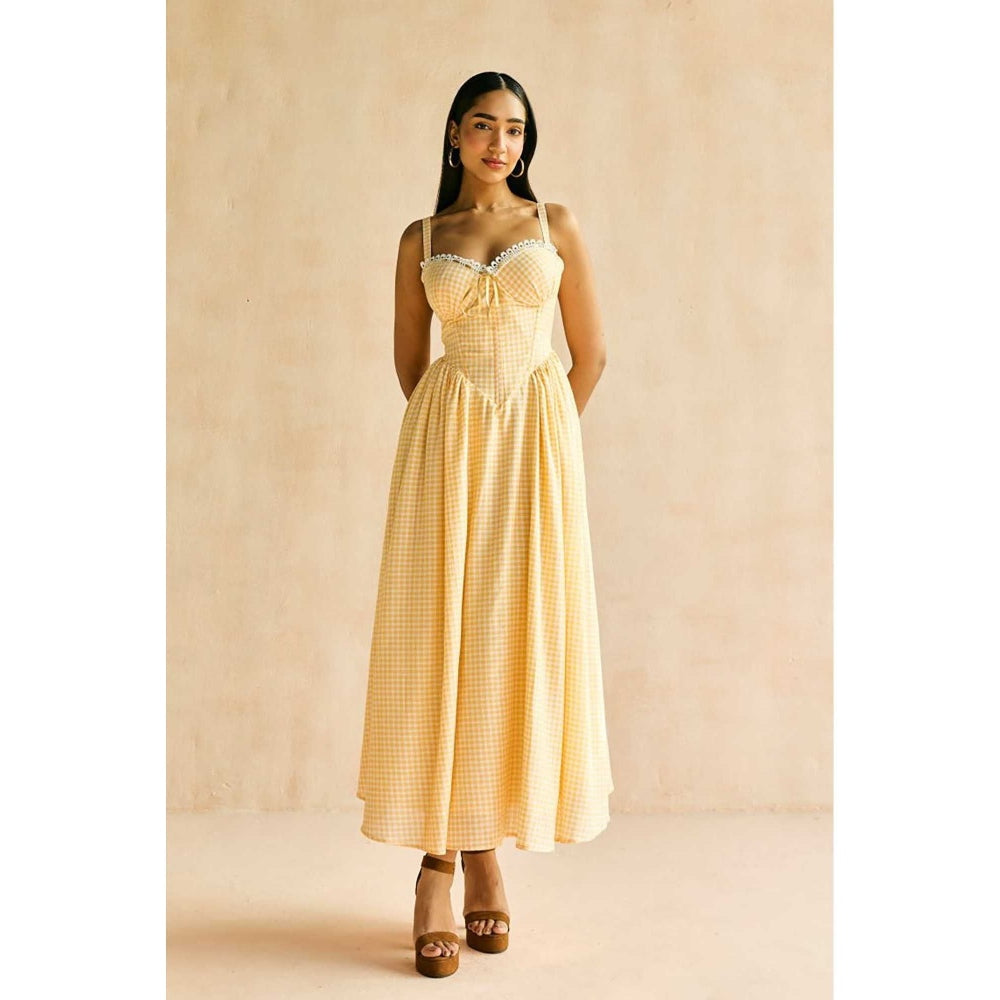 Lea Clothing Alaya Butter Yellow Gingham Maxi Corset Dress