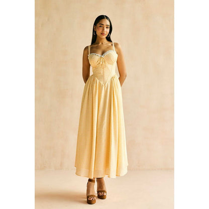 Lea Clothing Alaya Butter Yellow Gingham Maxi Corset Dress