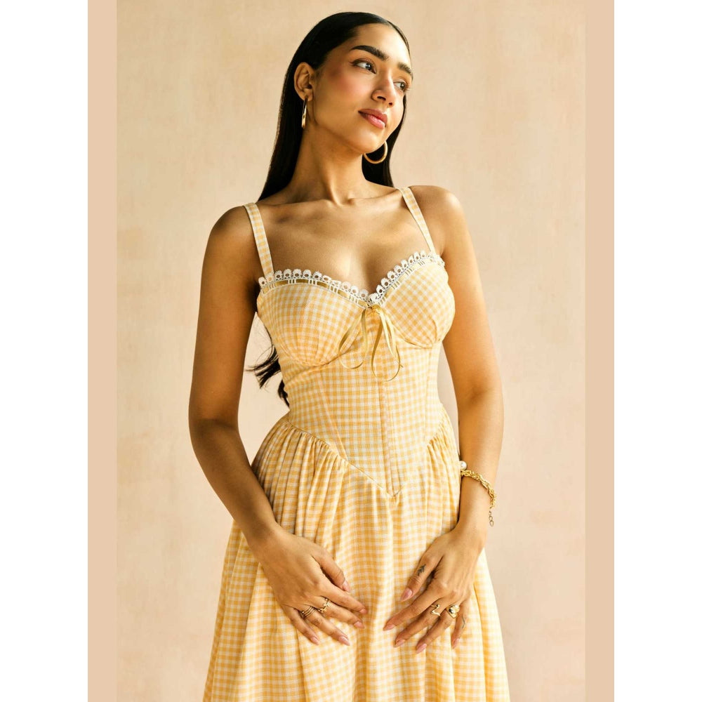 Lea Clothing Alaya Butter Yellow Gingham Maxi Corset Dress