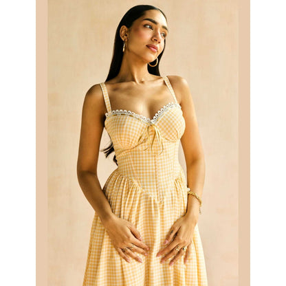 Lea Clothing Alaya Butter Yellow Gingham Maxi Corset Dress