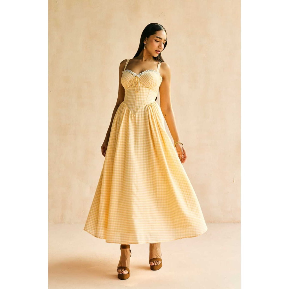 Lea Clothing Alaya Butter Yellow Gingham Maxi Corset Dress