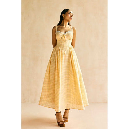 Lea Clothing Alaya Butter Yellow Gingham Maxi Corset Dress