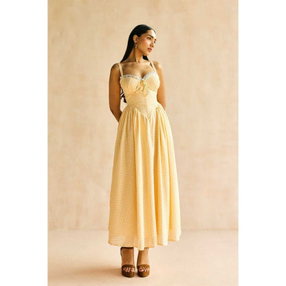 Lea Clothing Alaya Butter Yellow Gingham Maxi Corset Dress