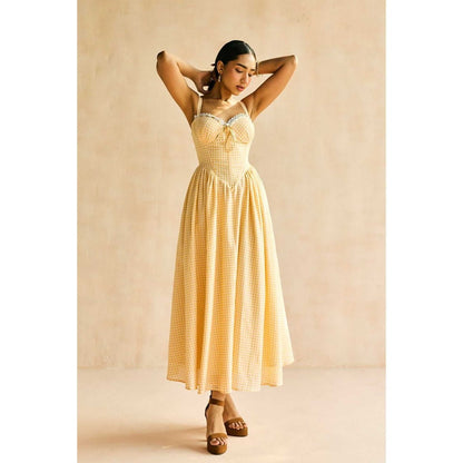 Lea Clothing Alaya Butter Yellow Gingham Maxi Corset Dress