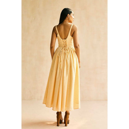 Lea Clothing Alaya Butter Yellow Gingham Maxi Corset Dress