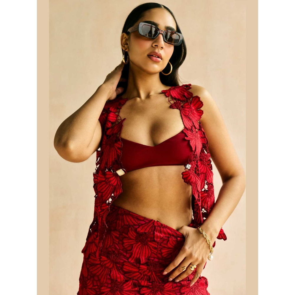 Lea Clothing Scarlet Cutwork Lace Vest Top And Bralette