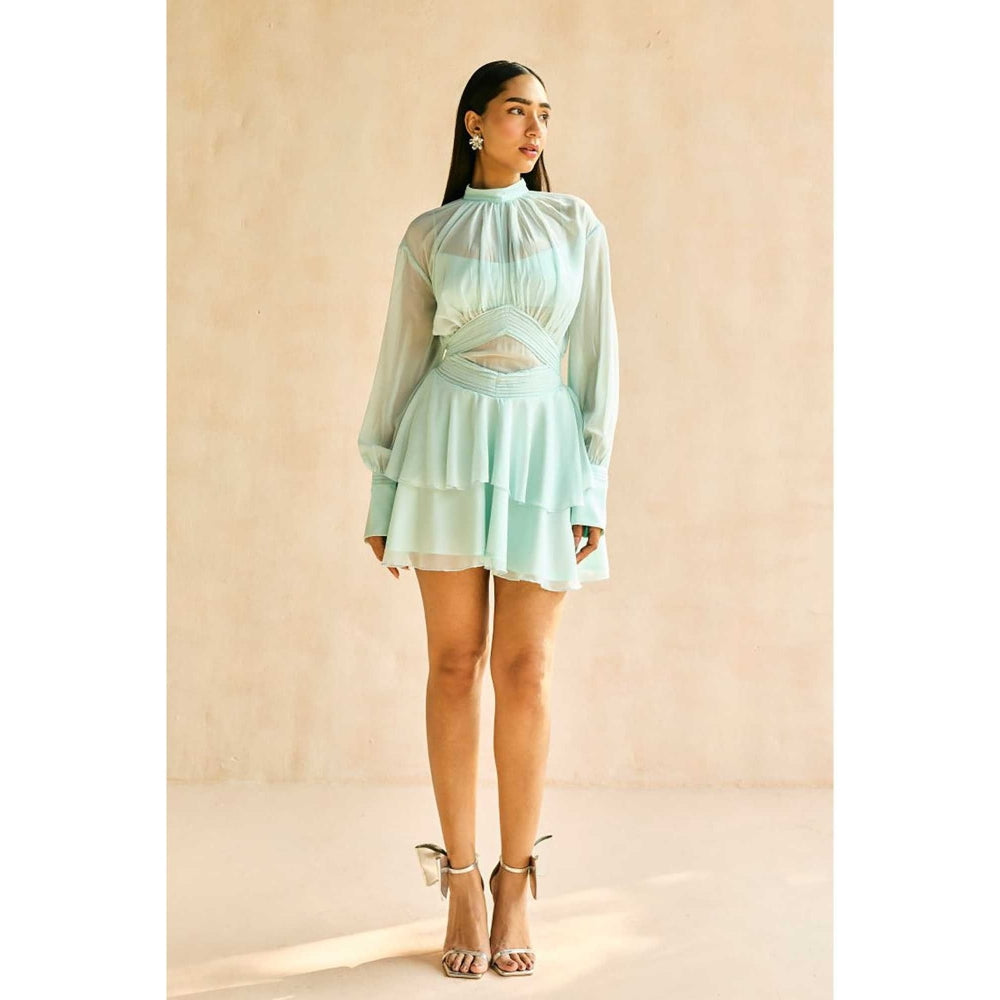 Lea Clothing Misty Blue Tiered Ruffled Mini Dress