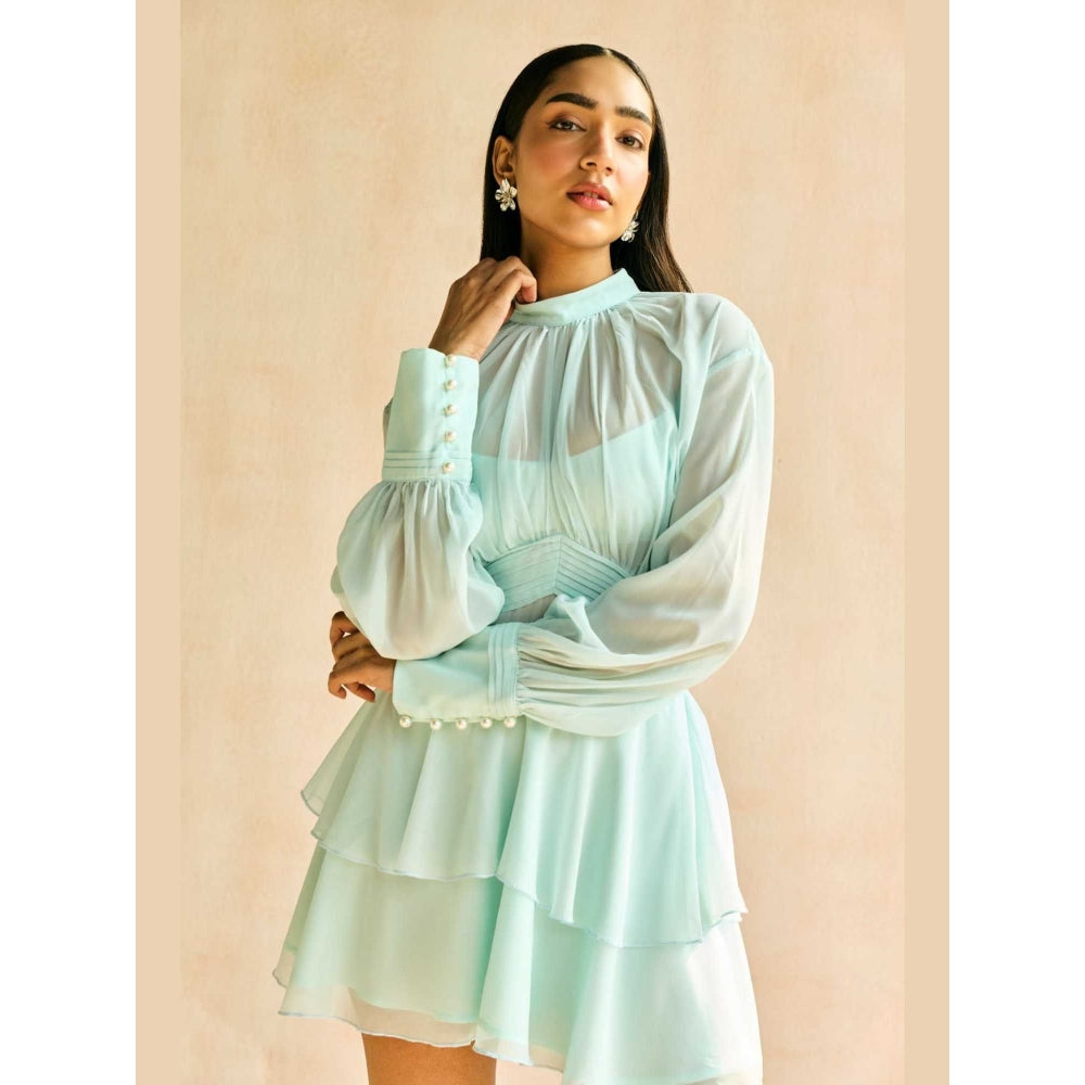 Lea Clothing Misty Blue Tiered Ruffled Mini Dress