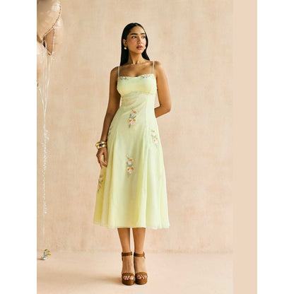 Lea Clothing Buttercup Yellow Embroidered Godet Midi Dress