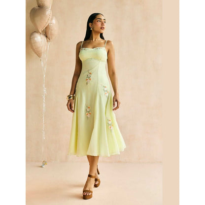 Lea Clothing Buttercup Yellow Embroidered Godet Midi Dress
