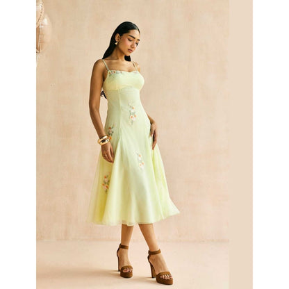 Lea Clothing Buttercup Yellow Embroidered Godet Midi Dress