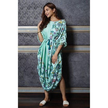 Leela by A Green Floral Boat Neck Kaftan Dress