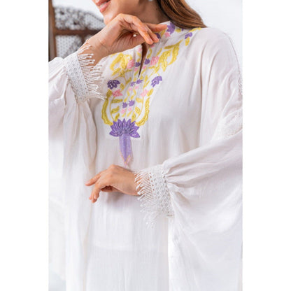 Leela by A White Chiffon Kaftan and Pant with Inner