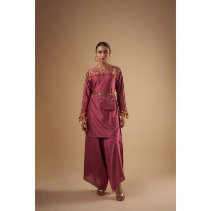 Leela by A Plum Short Kurta with Flared Palazzo and Waist Bag