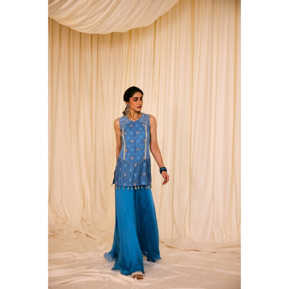 Leela by A Blue Short Kurta With Organza Palazzo And Hand Embroidered Dupatta