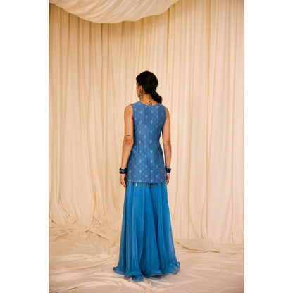 Leela by A Blue Short Kurta With Organza Palazzo And Hand Embroidered Dupatta