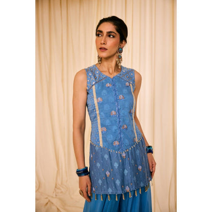 Leela by A Blue Short Kurta With Organza Palazzo And Hand Embroidered Dupatta