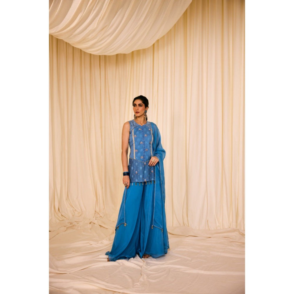 Leela by A Blue Short Kurta With Organza Palazzo And Hand Embroidered Dupatta
