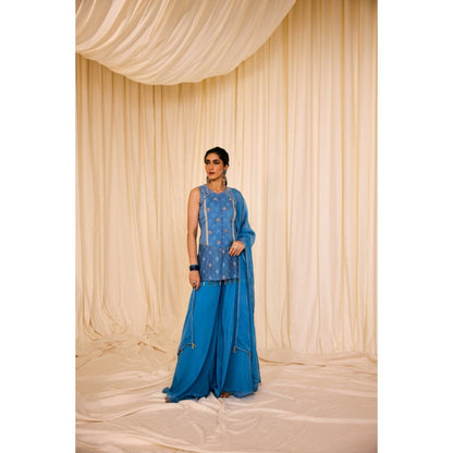 Leela by A Blue Short Kurta With Organza Palazzo And Hand Embroidered Dupatta