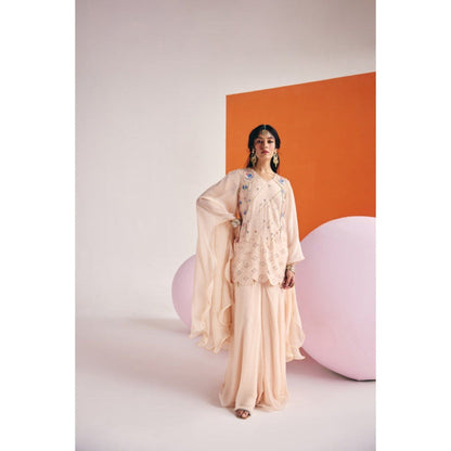 Leela by A Beige Short Long Sleeve Kurta With Organza Palazzo