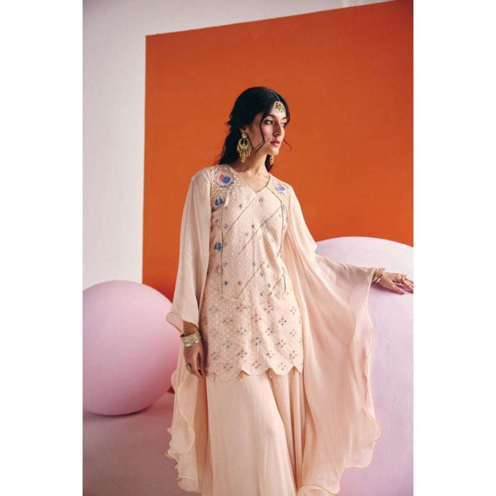 Leela by A Beige Short Long Sleeve Kurta With Organza Palazzo
