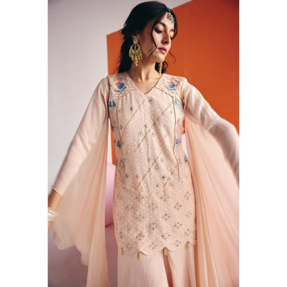 Leela by A Beige Short Long Sleeve Kurta With Organza Palazzo