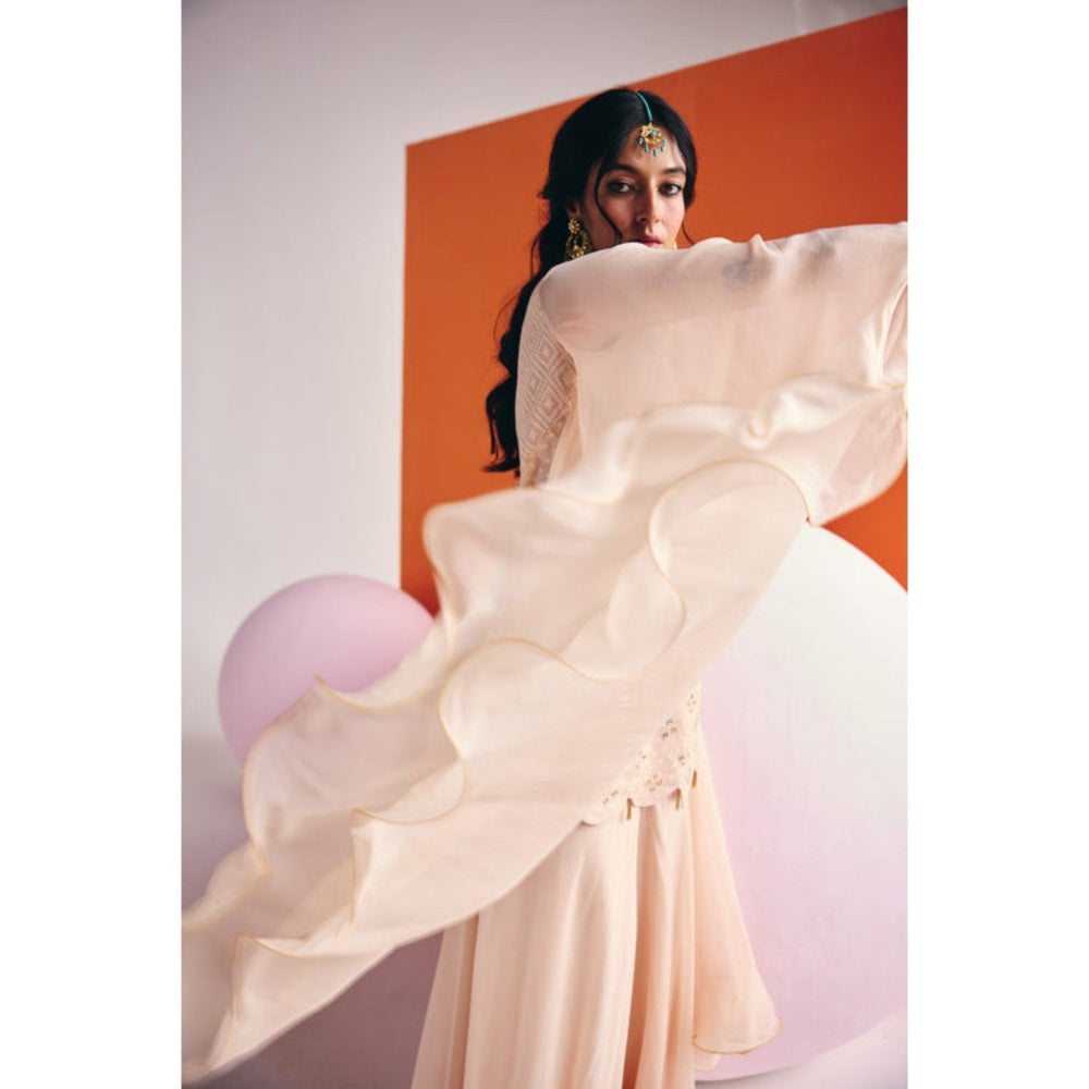 Leela by A Beige Short Long Sleeve Kurta With Organza Palazzo