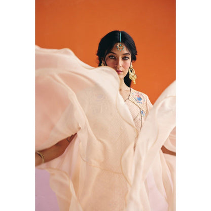 Leela by A Beige Short Long Sleeve Kurta With Organza Palazzo