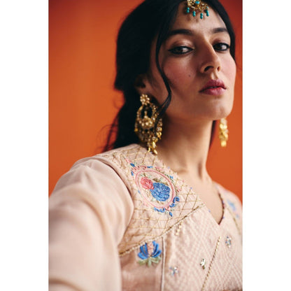 Leela by A Beige Short Long Sleeve Kurta With Organza Palazzo