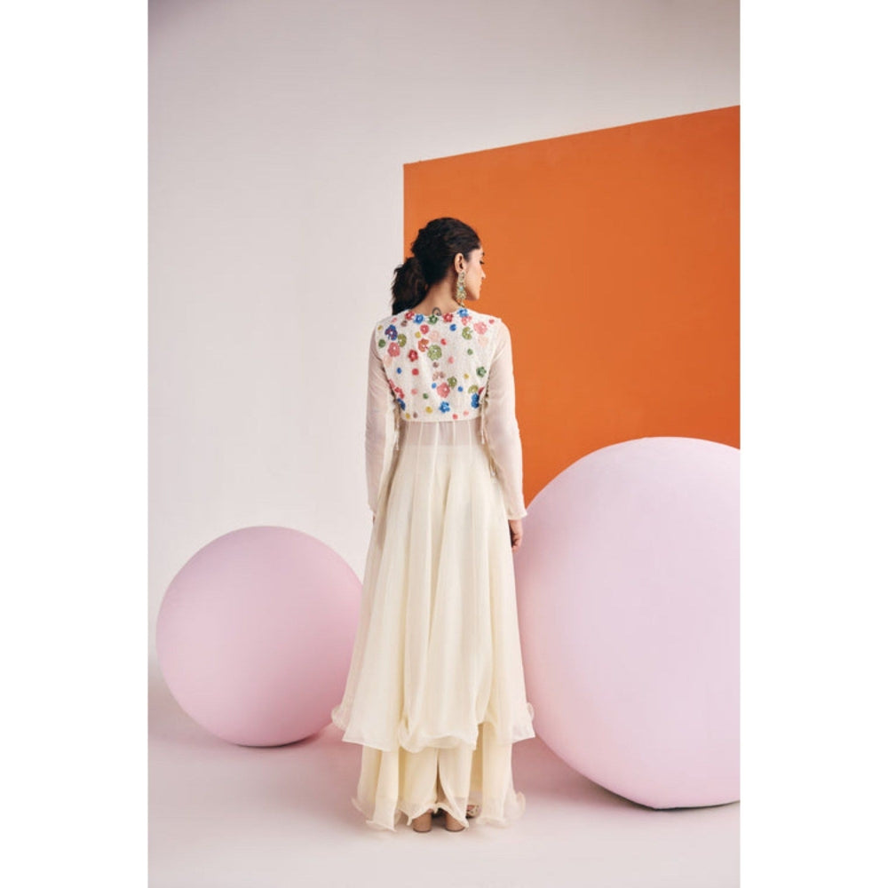 Leela by A Ivory 3D Embroidered Multi-coloured Flower Anarkali With Organza Palazzo