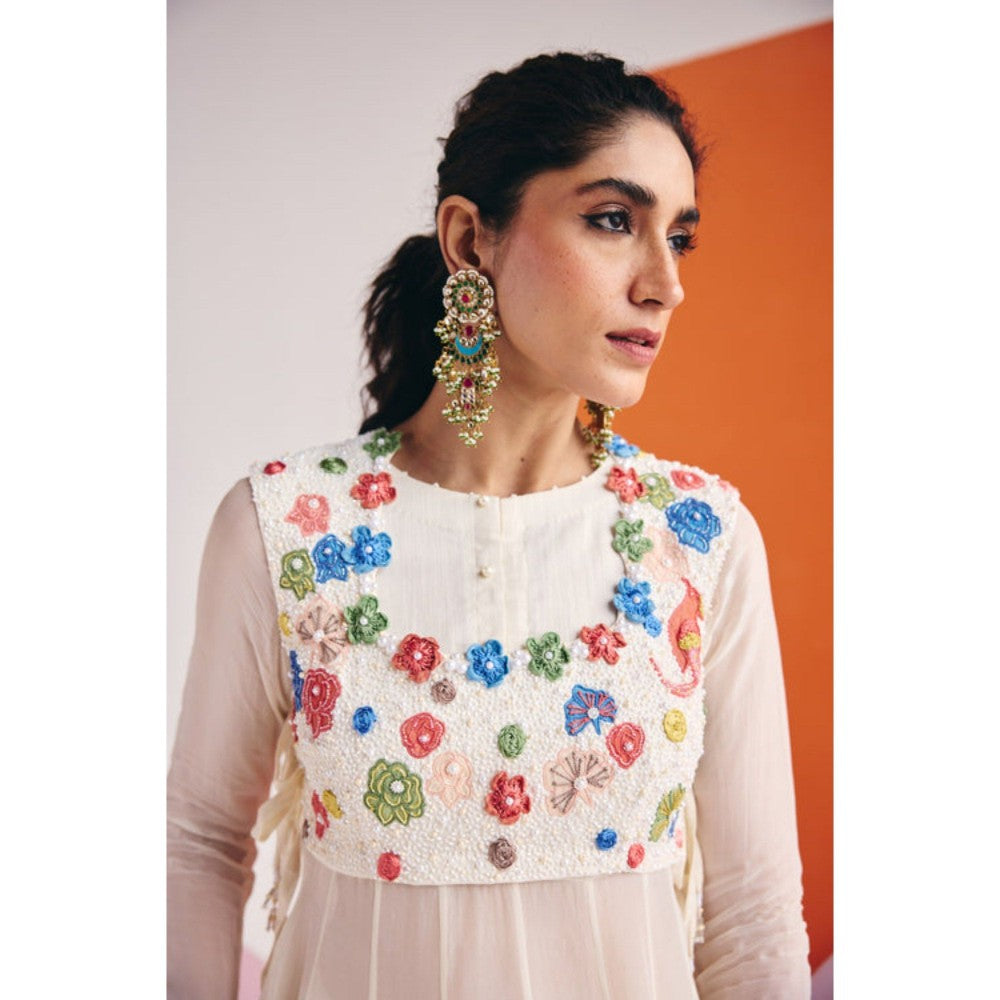 Leela by A Ivory 3D Embroidered Multi-coloured Flower Anarkali With Organza Palazzo