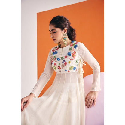 Leela by A Ivory 3D Embroidered Multi-coloured Flower Anarkali With Organza Palazzo