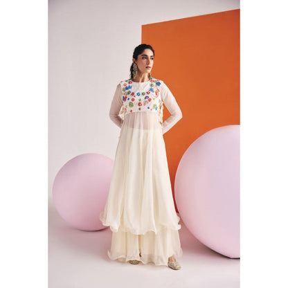 Leela by A Ivory 3D Embroidered Multi-coloured Flower Anarkali With Organza Palazzo