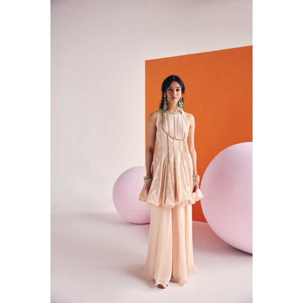 Leela by A Beige Angrakha Long Kurta With Organza Palazzo And Dupatta