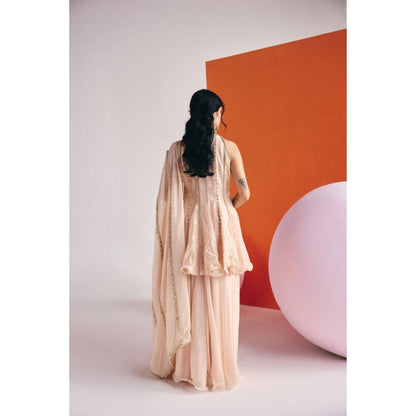 Leela by A Beige Angrakha Long Kurta With Organza Palazzo And Dupatta