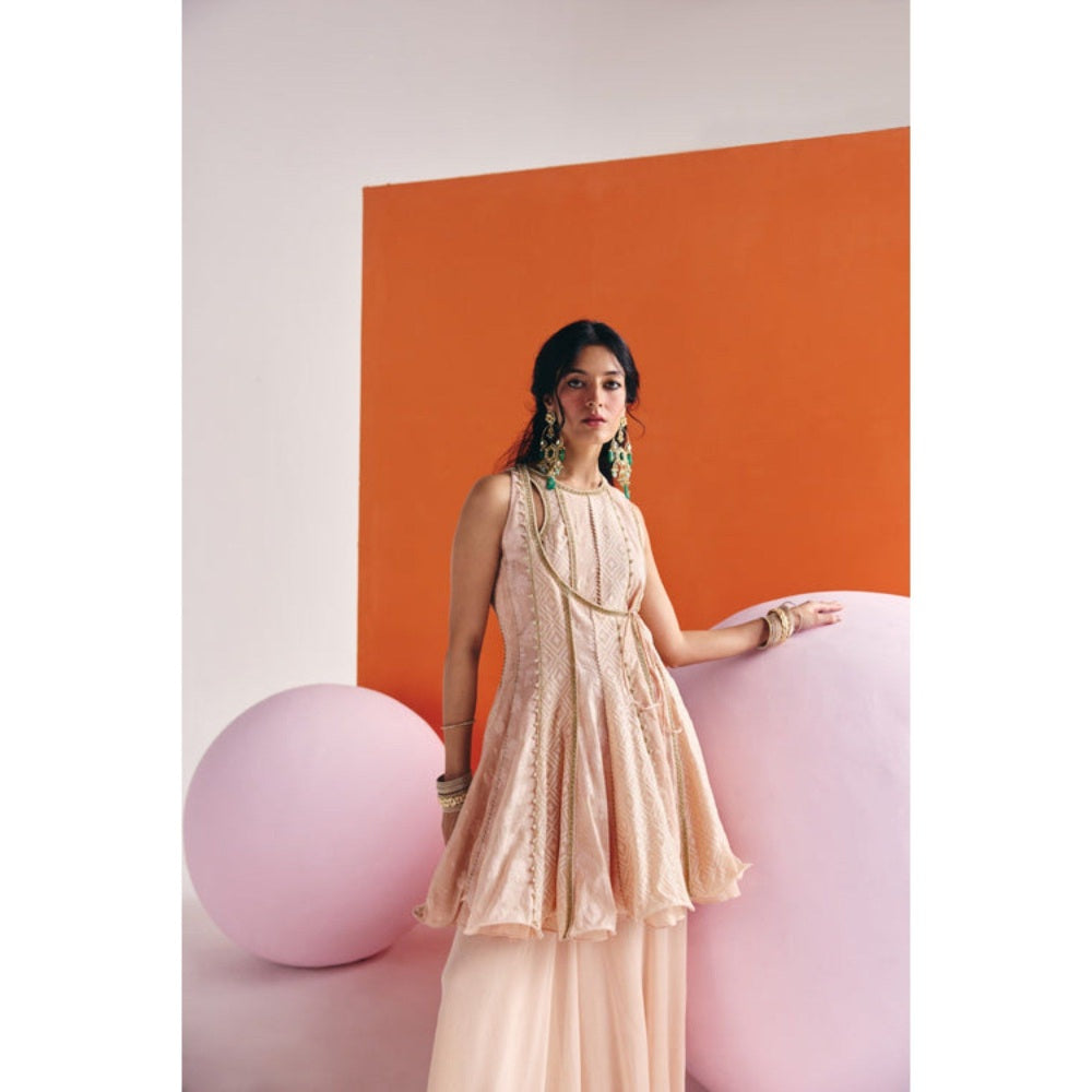 Leela by A Beige Angrakha Long Kurta With Organza Palazzo And Dupatta