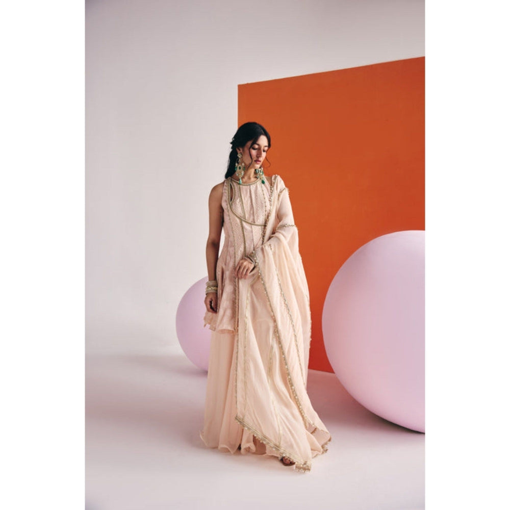 Leela by A Beige Angrakha Long Kurta With Organza Palazzo And Dupatta