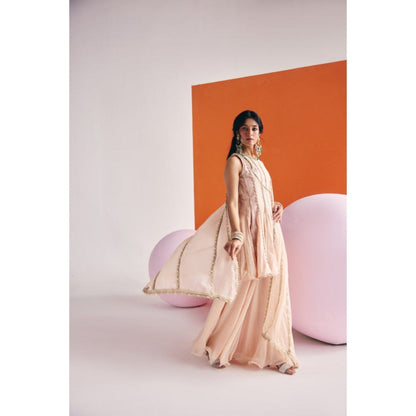 Leela by A Beige Angrakha Long Kurta With Organza Palazzo And Dupatta